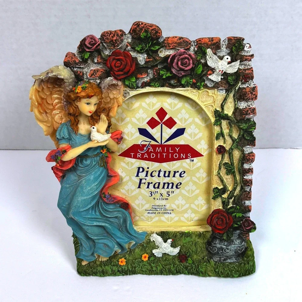 Vtg 90s Guardian Angel Resin PhotoFrame Dove Floral Roses Garden Victorian Fairy